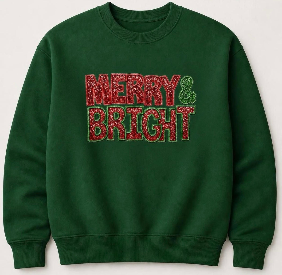 "Merry &amp; Bright" (Glitter) GREEN Sweatshirt