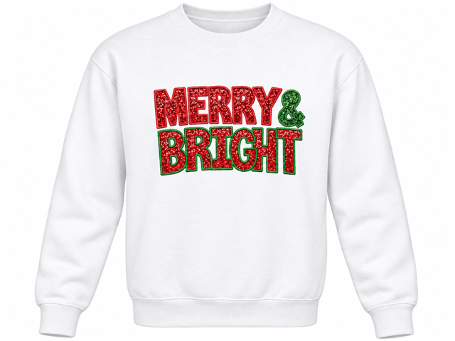 "Merry &amp; Bright Glitter" WHITE Christmas Sqweatshirt